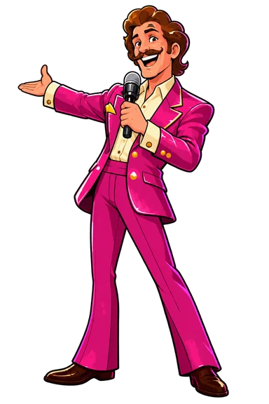 Game show host in a pink suit holding a microphone